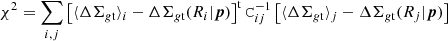 $$ \begin{aligned} \chi ^2 = \sum _{i,j} \left[ \langle \Delta \Sigma _{g\mathrm{t}}\rangle _i - \Delta \Sigma _{g\mathrm{t}} (R_i | \boldsymbol{p}) \right]^\mathrm{t} \mathtt C _{ij}^{-1} \left[ \langle \Delta \Sigma _{g\mathrm{t}}\rangle _j - \Delta \Sigma _{g\mathrm{t}} (R_j | \boldsymbol{p}) \right] \end{aligned} $$