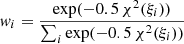 $$ \begin{aligned} w_i = \frac{\exp (- 0.5 \, \chi ^2(\xi _i))}{\sum _i \exp (- 0.5 \, \chi ^2(\xi _i))} \end{aligned} $$