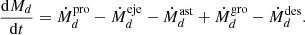 $$ \begin{aligned} \frac{\mathrm{d} M_d}{\mathrm{d} t}&= \dot{M}_d^\mathrm{{pro}} - \dot{M}_d^\mathrm{{eje}} - \dot{M}_d^\mathrm{{ast}} + \dot{M}_d^\mathrm{{gro}}- \dot{M}_d^\mathrm{{des}}. \end{aligned} $$