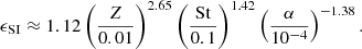 $$ \begin{aligned} \epsilon _{\rm SI} \approx 1.12 \left(\frac{Z}{0.01}\right)^{2.65} \left(\frac{\mathrm{St}}{0.1}\right)^{1.42} \left(\frac{\alpha }{10^{-4}}\right)^{-1.38}. \end{aligned} $$
