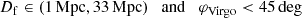 $$ \begin{aligned} D_{\rm f}\in ({1}\,\mathrm{Mpc}, {33}\,\mathrm{Mpc}) \quad \mathrm{and}\quad \varphi _{\rm Virgo} < {45}\,\mathrm{deg} \end{aligned} $$