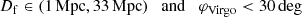 $$ \begin{aligned} D_{\rm f}\in ({1}\,\mathrm{Mpc}, {33}\,\mathrm{Mpc}) \quad \mathrm{and} \quad \varphi _{\rm Virgo} < {30}\,\mathrm{deg} \end{aligned} $$