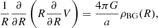$$ \begin{aligned} \frac{1}{R}\frac{\partial }{\partial R}\left(R\frac{\partial }{\partial R} V\right) = \frac{4\pi G}{a}\rho _\mathrm{BG} (R), \end{aligned} $$