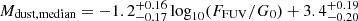 $ M_{\mathrm{dust, median}} = -1.2^{+0.16}_{-0.17} \log_{10}(F_{\mathrm{FUV}}/G_0) + 3.4^{+0.19}_{-0.20} $