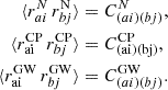 $$ \begin{aligned} \langle r_{ai} ^{N}\,r_{bj} ^{ \mathrm N}\rangle&=C ^{N}_{(ai)(bj)},\nonumber \\ \langle r_{\rm ai} ^{ \mathrm {CP}}\,r_{ bj} ^{ \mathrm {CP}}\rangle&=C ^{ \mathrm {CP}}_{ \mathrm {(ai)(bj)}},\nonumber \\ \langle r_{\rm ai} ^{ \mathrm {GW}}\,r_{ bj} ^{ \mathrm {GW}}\rangle&=C ^{ \mathrm {GW}}_{(ai)(bj)}. \end{aligned} $$