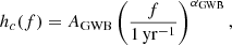 $$ \begin{aligned} h_c(f)=A_{\rm GWB} \left(\frac{f}{1\,\mathrm{yr} ^{ \mathrm -1}} \right) ^{ \mathrm \alpha _{\rm GWB}}, \end{aligned} $$