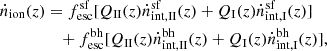$$ \begin{aligned} \dot{n}_{\rm ion}(z)&= f_{\rm esc}^\mathrm{sf}[Q_{\rm II}(z) \dot{n}_{\rm int,II}^\mathrm{sf}(z) + Q_{\rm I}(z) \dot{n}_{\rm int,I}^\mathrm{sf}(z) ] \nonumber \\&\quad + f_{\rm esc}^\mathrm{bh}[Q_{\rm II}(z) \dot{n}_{\rm int,II}^\mathrm{bh}(z) + Q_{\rm I}(z) \dot{n}_{\rm int,I}^\mathrm{bh}(z)], \end{aligned} $$