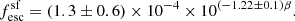 $$ \begin{aligned} f_{\rm esc}^\mathrm{sf}= (1.3 \pm 0.6) \times 10^{-4} \times 10^{(-1.22 \pm 0.1)\beta }. \end{aligned} $$