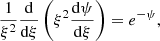 $$ \begin{aligned} \frac{1}{\xi ^2} \frac{\mathrm{d}}{\mathrm{d}\xi }\left(\xi ^2\frac{\mathrm{d}\psi }{\mathrm{d}\xi }\right) = e^{-\psi }, \end{aligned} $$