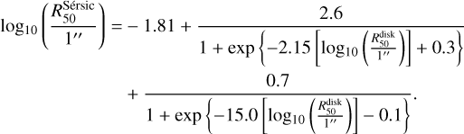 $\eqalign{ & {\log _{10}}\left( {{{R_{50}^{{\rm{S\'e rsic }}}} \over {{1^{\prime \prime }}}}} \right) = - 1.81 + {{2.6} \over {1 + \exp \left\{ { - 2.15\left[ {{{\log }_{10}}\left( {{{R_{500}^{{\rm{did }}}} \over {{1^{\prime \prime }}}}} \right)} \right] + 0.3} \right\}}} \cr & \,\,\,\,\,\,\,\,\,\,\,\,\,\,\,\,\,\,\,\,\,\,\,\,\,\,\,\,\,\,\,\,\,\, + {{0.7} \over {1 + \exp \left\{ { - 15.0\left[ {{{\log }_{10}}\left( {{{R_{50}^{{\rm{dide }}}} \over {{1^{\prime \prime }}}}} \right)} \right] - 0.1} \right\}}}. \cr}$