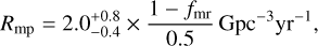 $R_{\rm mp} = 2.0^{+0.8}_{-0.4}\times\frac{1-f_{\rm mr}}{0.5} \,{\rm Gpc^{-3}yr^{-1}},$