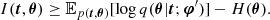 $$ I({\boldsymbol {t}}, {\boldsymbol {\theta }}) \ge {\mathbb {E}}_{p({\boldsymbol {t}}, {\boldsymbol {\theta }})} [\log {q({\boldsymbol {\theta }} |{\boldsymbol {t}}; {\boldsymbol {\varphi }}')}]- H({\boldsymbol {\theta }}). $$