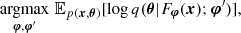 $$ \mathop {\,\mathrm {argmax}\,}\limits _{{\boldsymbol {\varphi }}, {\boldsymbol {\varphi }}'}{\mathbb {E}}_{p({\boldsymbol {x}}, {\boldsymbol {\theta }})} [\log {q({\boldsymbol {\theta }} |F_{{\boldsymbol {\varphi }}}({\boldsymbol {x}}); {\boldsymbol {\varphi }}')}], $$