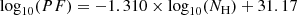 $$ \begin{aligned} \log _{10}(PF)=-1.310 \times \log _{10}(N_{\rm H})+31.17 \end{aligned} $$