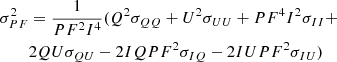 $$ \begin{aligned} \sigma _{PF}^2&= \frac{1}{PF^2 I^4} (Q^2 \sigma _{QQ} + U^2 \sigma _{UU} + PF^4 I^2 \sigma _{II} + \nonumber \\&2Q U \sigma _{QU} - 2IQ PF^2 \sigma _{IQ} - 2 I U PF^2 \sigma _{IU} ) \end{aligned} $$