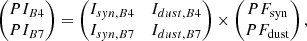 $$ \begin{aligned} \begin{pmatrix} \displaystyle PI_{B4} \\ \displaystyle PI_{B7} \end{pmatrix} = \begin{pmatrix} \displaystyle {I_{syn,B4}}&\displaystyle {I_{dust,B4}} \\ \displaystyle {I_{syn,B7}}&\displaystyle {I_{dust,B7}} \end{pmatrix} \times \begin{pmatrix} \displaystyle PF_{\rm syn}\\ \displaystyle PF_{\rm dust}\end{pmatrix}, \end{aligned} $$