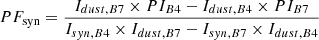 $$ \begin{aligned} PF_{\rm syn}&= \displaystyle \frac{I_{dust,B7} \times PI_{B4} - I_{dust,B4} \times PI_{B7}}{I_{syn,B4} \times I_{dust,B7} - I_{syn,B7} \times I_{dust,B4}} \end{aligned} $$