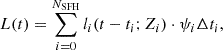 $$ \begin{aligned} L(t) = \sum _{i = 0}^{N_{\rm SFH}} l_{i}(t-t_{i}; Z_i) \cdot \psi _i \Delta t_{i}, \end{aligned} $$