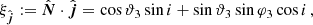 $$ \begin{aligned}&\xi _{\hat{\boldsymbol{j}}} := \hat{\boldsymbol{N}} \cdot \hat{\boldsymbol{j}} = \cos \vartheta _3\sin i + \sin \vartheta _3\sin \varphi _3\cos i \,, \end{aligned} $$