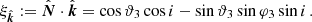 $$ \begin{aligned}&\xi _{\hat{\boldsymbol{k}}} := \hat{\boldsymbol{N}} \cdot \hat{\boldsymbol{k}} = \cos \vartheta _3\cos i - \sin \vartheta _3\sin \varphi _3\sin i \,. \end{aligned} $$