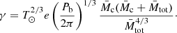 $$ \begin{aligned} \gamma = {{T}^{2/3}_\odot }{e} \left(\frac{P_{\mathrm{b} }}{2\pi }\right)^{1/3}{\frac{{{\bar{M}_{\rm c}}}({{\bar{M}_{\rm c}} + {\bar{M}_{\rm tot}}})}{{\bar{M}_{\rm tot}}^{4/3}}}\cdot \end{aligned} $$