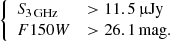 $$ \begin{aligned} {\left\{ \begin{array}{ll} S_{3\,\mathrm{GHz}}&>11.5\,{\upmu }\mathrm{Jy}\\ F150W&>26.1\,\mathrm{mag}. \end{array}\right.} \end{aligned} $$