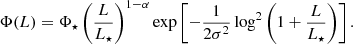 $$ \begin{aligned} \Phi (L)=\Phi _\star \left(\frac{L}{L_\star }\right)^{1-\alpha }\mathrm{exp}\left[-\frac{1}{2\sigma ^2}\log ^2\left(1+\frac{L}{L_\star }\right)\right]. \end{aligned} $$