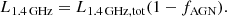 $$ \begin{aligned} L_{1.4\,\mathrm{GHz}}=L_{1.4\,\mathrm{GHz,tot}} (1-f_{\rm AGN}). \end{aligned} $$