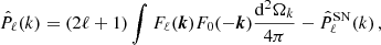 $$ \begin{aligned} \hat{P}_\ell (k) = (2\ell + 1)\int F_\ell (\boldsymbol{k})F_0(-\boldsymbol{k}) \frac{{\mathrm{d} } ^2\Omega _k}{4\pi }-\hat{P}^\mathrm{SN}_\ell (k)\,, \end{aligned} $$