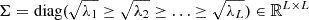 $ \mathbf {\Sigma }= {\textrm {diag}}(\sqrt {\lambda _1}\geq \sqrt {\lambda _2}\geq \ldots \geq \sqrt {\lambda _L}) \in {\mathbb {R}}^{L\times L} $