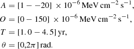 $$ \begin{aligned} A &= [1--20] \, \times 10^{-6} \, {\mathrm {MeV \, cm^{-2}\,s^{-1}}},\\ O &= [0-150] \, \times 10^{-6} \, {\mathrm {MeV \, cm^{-2}\,s^{-1}}},\\ T &= [1.0-4.5] \, {\textrm {yr}},\\ \theta &= [0,2\pi ] \, {\textrm {rad}}. \end{aligned} $$