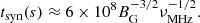 $$ \begin{aligned} t_{\rm syn}(s) \approx 6\times 10^8 B^{-3/2}_{\rm G} \nu ^{-1/2}_{\rm MHz}. \end{aligned} $$