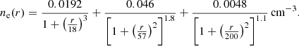 $$ \begin{aligned} n_{\rm e}(r)&= \frac{0.0192}{1+\big (\frac{r}{18}\big )^3}+\frac{0.046}{\bigg [1+\big (\frac{r}{57}\big )^2\bigg ]^{1.8}}+\frac{0.0048}{\bigg [1+\big (\frac{r}{200}\big )^2\bigg ]^{1.1}}\,\mathrm{cm^{-3}}. \end{aligned} $$