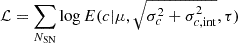 $$ \begin{aligned} \mathcal{L} = \sum _{N_{\rm SN}} \log E(c|\mu ,\sqrt{\sigma _c^2 + \sigma ^2_{c,\mathrm{int}}},\tau ) \end{aligned} $$