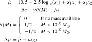 $$ \begin{aligned} \hat{\mu }&= 10.5 - 2.5 \log _{10}(x_0) + \alpha _1 x_1 +\alpha _2 x_2 \\&\quad - \beta c - \gamma \theta (M)-\mathcal{M} \nonumber \\ \theta (M)&= {\left\{ \begin{array}{ll} 0&\mathrm{If\,no\,mass\,available} \\ 1/2&M > 10^{10}\,M_\odot \\ -1/2&M < 10^{10}\,M_\odot \end{array}\right.}\\ \Delta \mu&= \hat{\mu }-\mu (z) \end{aligned} $$