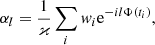 $$ \begin{aligned} \alpha _{l} = \frac{1}{\varkappa }\sum _{i}w_{i}\mathrm{e}^{-i l\Phi (t_i)}, \end{aligned} $$