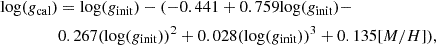 $$ \begin{aligned} \mathrm{log}(g_{\rm cal})&= \mathrm{log}(g_{\rm init}) - (-0.441 + 0.759 \mathrm{log}(g_{\rm init}) - \nonumber \\&0.267 (\mathrm{log}(g_{\rm init}))^2 + 0.028 (\mathrm{log}(g_{\rm init}))^3 + 0.135[M/H]) , \end{aligned} $$