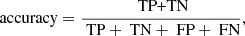 $$ \begin{aligned} \text{ accuracy}=\frac{\text{ TP+TN}}{\text{ TP}+\text{ TN}+\text{ FP}+\text{ FN}}, \end{aligned} $$