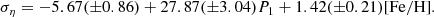 $$ \begin{aligned} \sigma _\eta =-5.67(\pm 0.86)+27.87(\pm 3.04)P_1+1.42(\pm 0.21)\mathrm{[Fe/H]} . \end{aligned} $$
