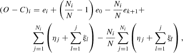 $$ \begin{aligned} (O-C)_i&=e_i + \left(\frac{N_i}{N}-1\right)e_0 - \frac{N_i}{N}e_{k+1} + \nonumber \\&\sum _{j = 1}^{N_i}\left(\eta _j+\sum _{l = 1}^j\xi _l\right) - \frac{N_i}{N}\sum _{j = 1}^{N_i}\left(\eta _j+\sum _{l = 1}^j\xi _l\right), \end{aligned} $$