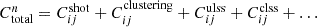 $$ \begin{aligned} C^{n}_{\rm {total}} = C^\mathrm{{shot}}_{ij } + C^\mathrm{{clustering}}_{ij} + C^\mathrm{{ulss}}_{ij} + C^\mathrm{{clss}}_{ij} + \ldots \end{aligned} $$