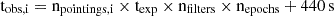$$ \mathrm {t_{obs,i}= n_{pointings,i} \times t_{exp} \times n_{\rm filters} \times n_{epochs}+440\,s} $$