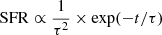 $ \mathrm{SFR} \propto \frac{1}{\tau^{2}} \times \exp(-t/\tau) $