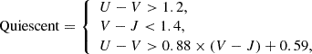 $$ \begin{aligned} \mathrm{Quiescent} = \left\{ \begin{array}{lll} U-V > 1.2, \\ V-J < 1.4, \\ U-V > 0.88 \times (V-J) + 0.59, \\ \end{array} \right. \end{aligned} $$