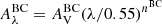$ A_{\lambda}^{\mathrm{BC}} = A_{\mathrm{V}}^{\mathrm{BC}}(\lambda/0.55)^{n^{\mathrm{BC}}} $