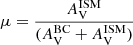 $ \mu = \frac{A_{\mathrm{V}}^{\mathrm{ISM}}}{(A_{\mathrm{V}}^{\mathrm{BC}}+A_{\mathrm{V}}^{\mathrm{ISM}})} $