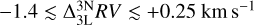 $-1.4\lesssim \Delta^\mathrm{3N}_\mathrm{3L}RV\lesssim +0.25~\kms$