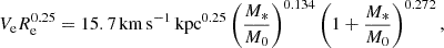 $$ \begin{aligned} V_{\rm e}R_{\rm e}^{0.25} = 15.7\,\mathrm{km\,s}^{-1}\,\mathrm{kpc}^{0.25} \left( \frac{M_{*}}{M_{0}} \right)^{0.134} \left( 1+ \frac{M_{*}}{M_{0}} \right)^{0.272}, \end{aligned} $$