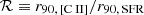 $ \mathcal{R} \equiv r_{90, \, [\mathrm{C}{\small { {\text{ II}}}}]}/r_{90, \, \mathrm{SFR}} $