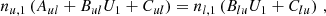 $$ \begin{aligned} n_{u,1} \left( A_{ul} + B_{ul} U_1 + C_{ul} \right) = n_{l,1} \left( B_{lu} U_1 + C_{lu} \right) \, , \end{aligned} $$